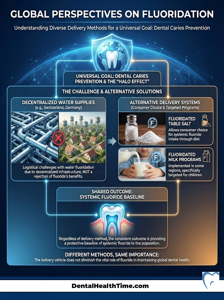 Infographic showing global perspectives on fluoridation, including delivery methods and dental caries prevention strategies.
