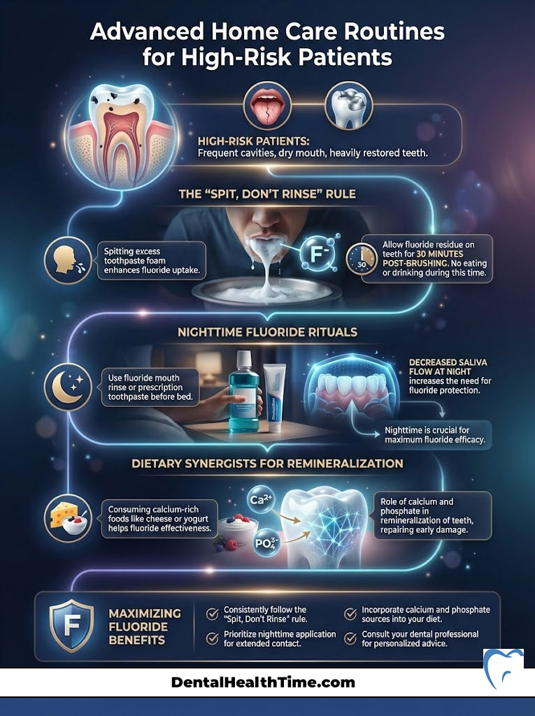 Infographic detailing advanced home care routines for high-risk dental patients, including fluoride tips and dietary advice.