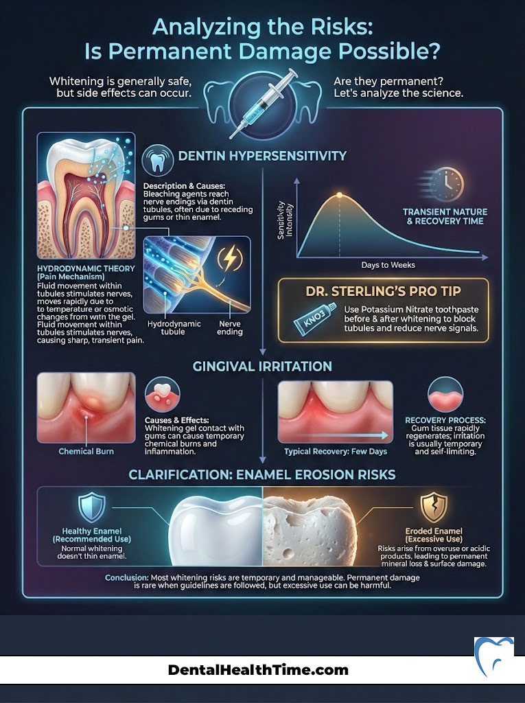 Infographic analyzing risks of teeth whitening, including dentin hypersensitivity and gingival irritation effects.