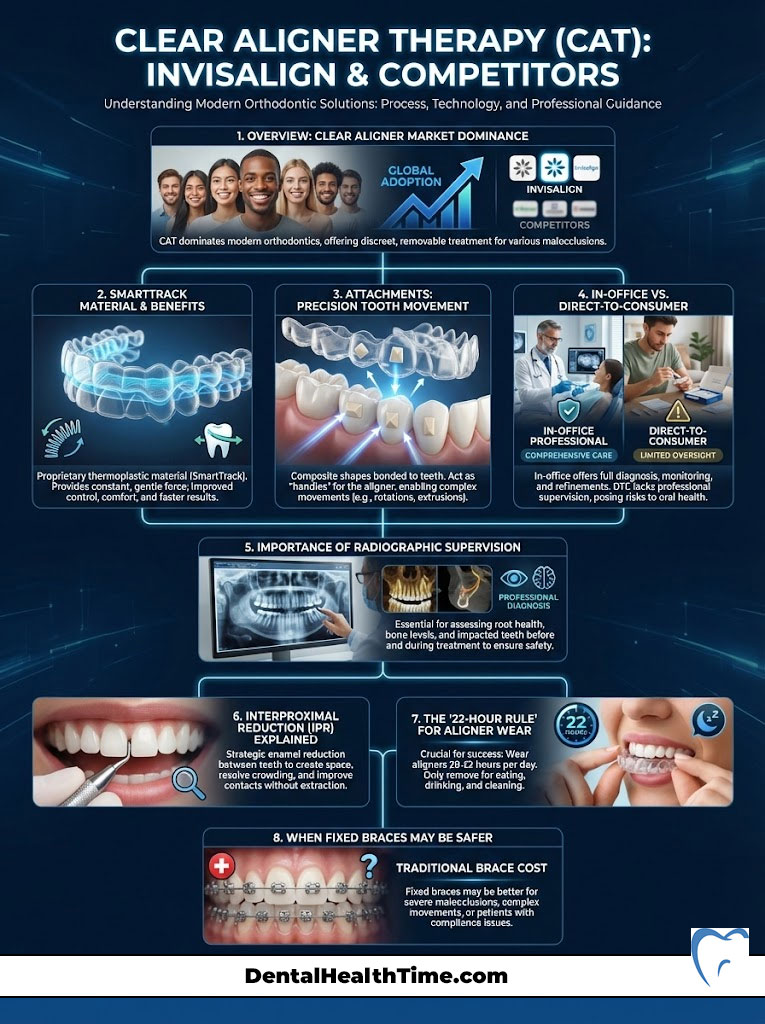 Infographic explaining Clear Aligner Therapy with sections on market dominance, material benefits, and treatment comparisons.