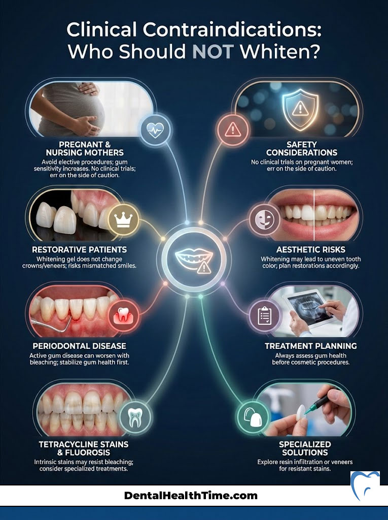 Infographic detailing clinical contraindications for teeth whitening, including pregnant women and periodontal disease.
