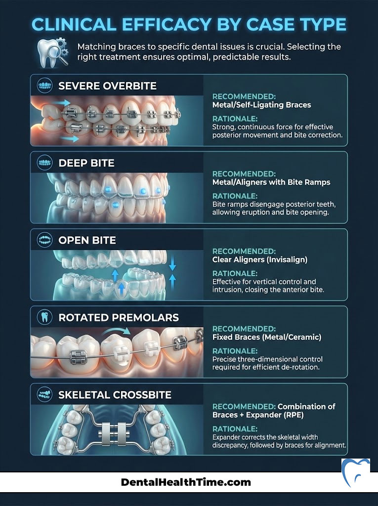 Infographic detailing clinical efficacy of braces for dental issues, including severe overbite, deep bite, open bite, rotated premolars, and skeletal crossbite.