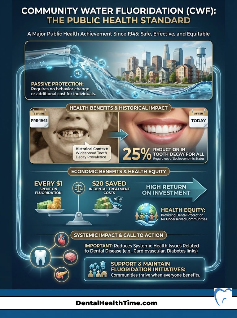 Infographic showing community water fluoridation benefits, including health improvements and economic savings.