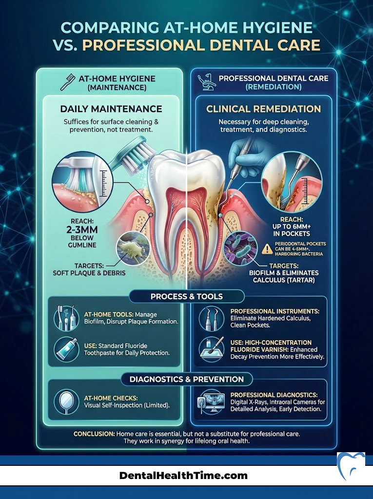 Infographic comparing at-home dental hygiene and professional care, detailing tools, processes, and effectiveness.