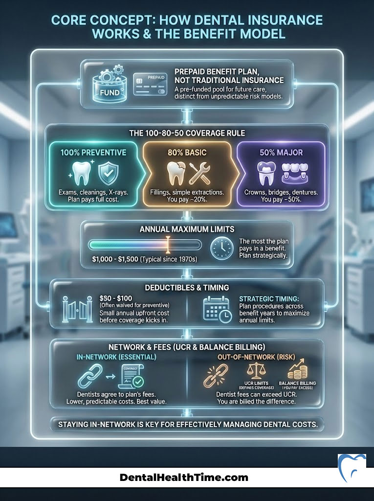 Infographic explaining dental insurance benefits, coverage rules, and cost management strategies with icons and charts.