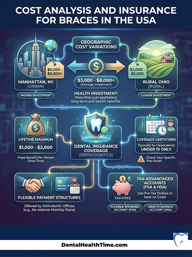 Cost analysis infographic for braces in the USA showing geographic variations and insurance coverage details.