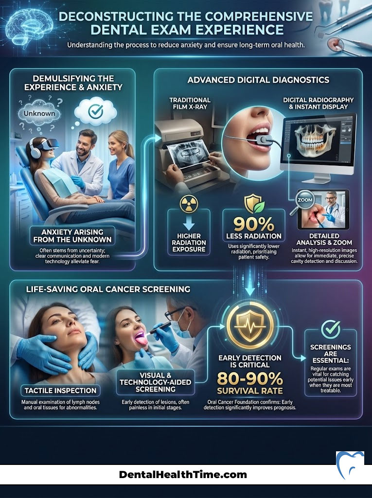 Infographic explaining dental exam anxiety reduction, featuring digital diagnostics and cancer screening statistics.