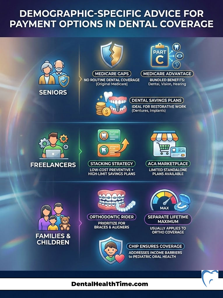 Infographic showing demographic-specific dental payment options for seniors, freelancers, and families with icons and text.