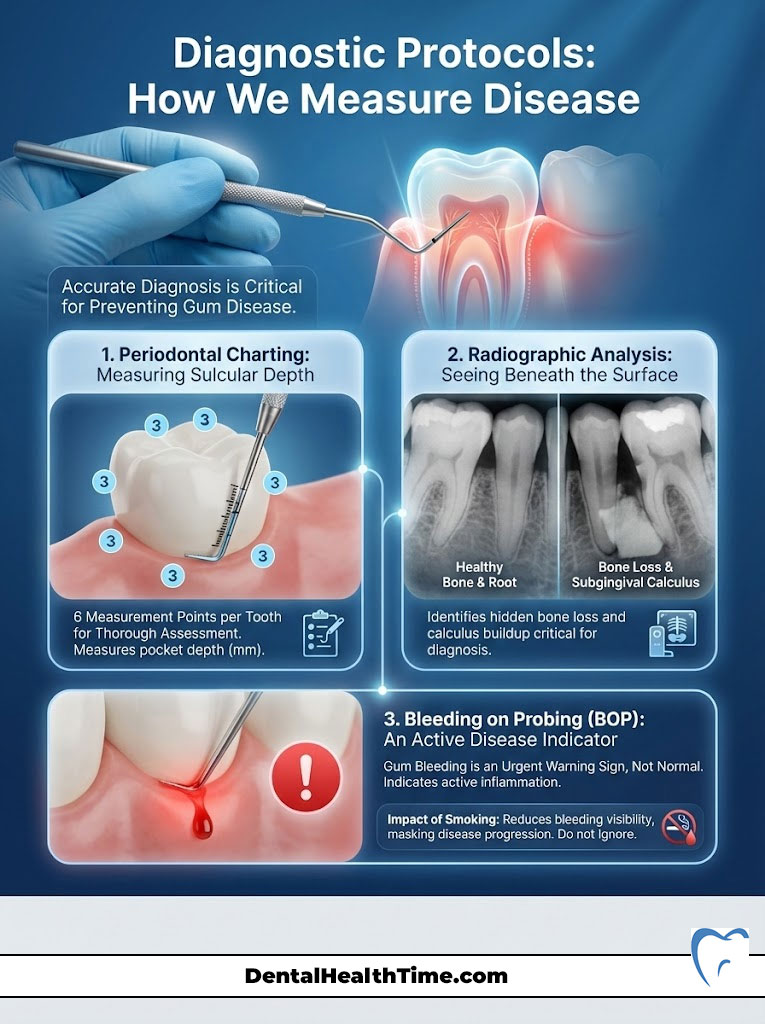 Infographic showing diagnostic protocols for measuring gum disease, including charts and illustrations of dental procedures.