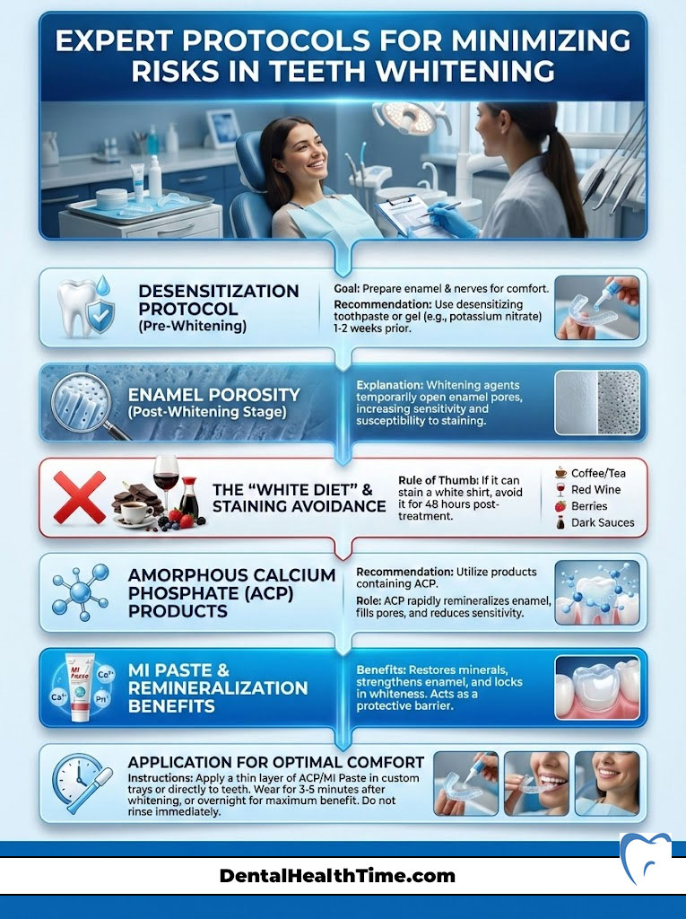 Infographic detailing expert protocols for minimizing risks in teeth whitening, including desensitization and dietary advice.