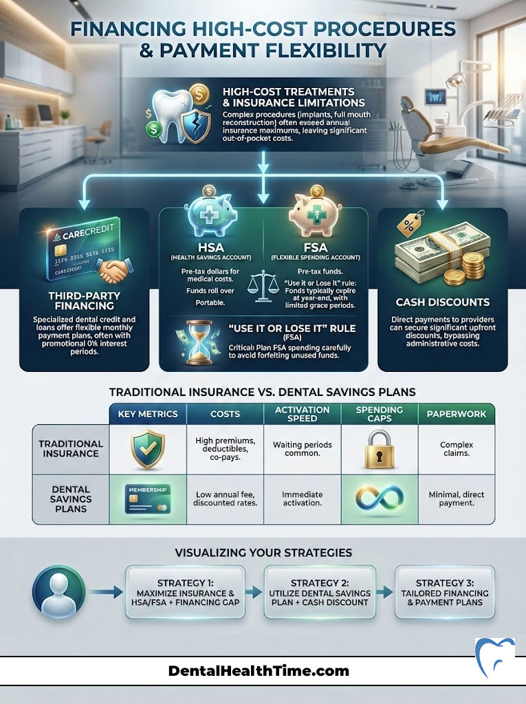 Infographic detailing financing options for high-cost dental procedures, including HSA, FSA, and cash discounts.