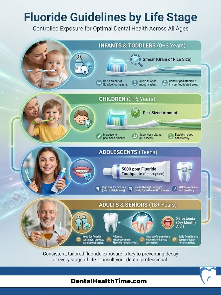 Infographic showing fluoride guidelines for different life stages, including infants, children, adolescents, and seniors.