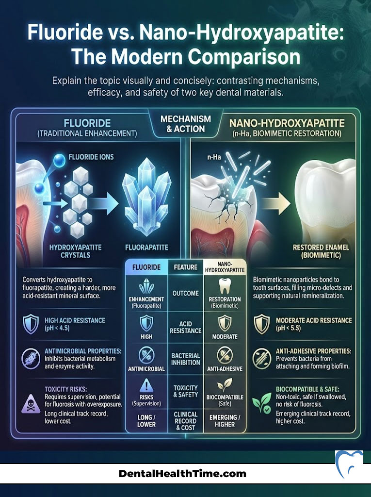 Infographic comparing fluoride and nano-hydroxyapatite in dental restoration, showing mechanisms, efficacy, and safety.