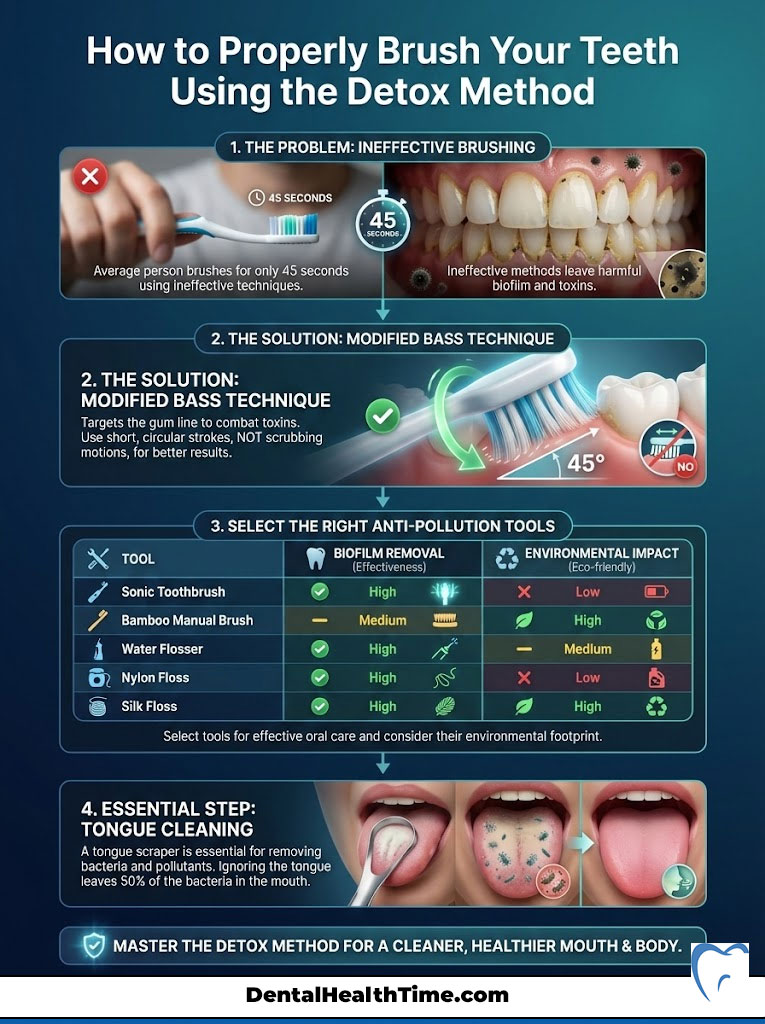 Infographic on proper tooth brushing techniques using the Detox Method, featuring charts and illustrations of tools and techniques.