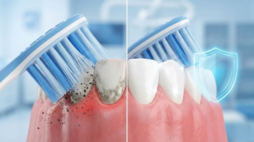 A toothbrush cleans teeth with plaque and a protective shield in a dental setting.