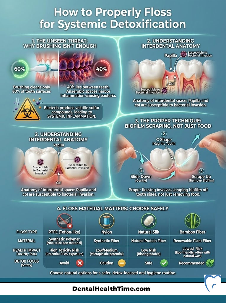 Infographic explaining proper flossing techniques for systemic detoxification, featuring charts and illustrations of dental anatomy.
