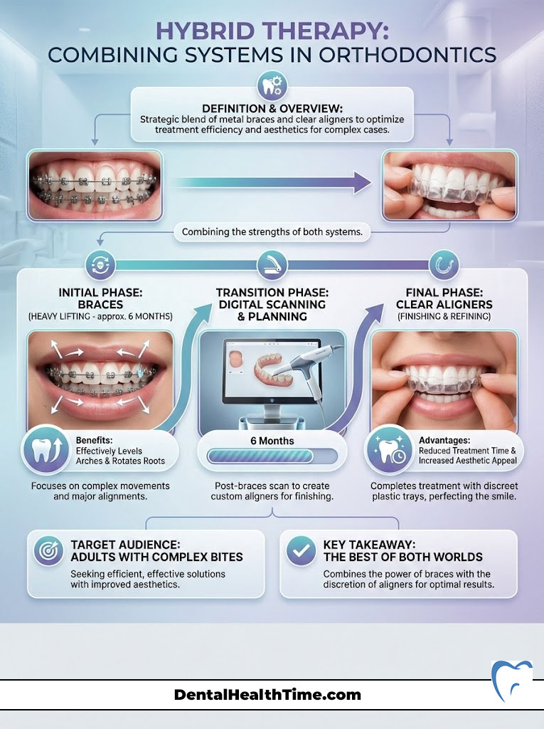 Infographic explaining hybrid therapy in orthodontics with phases, benefits, and target audience details.