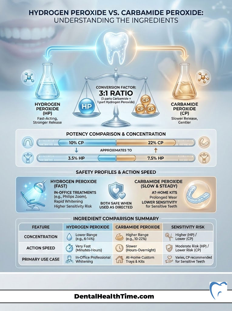 Infographic comparing Hydrogen Peroxide and Carbamide Peroxide for teeth whitening, showing ratios, safety, and use cases.