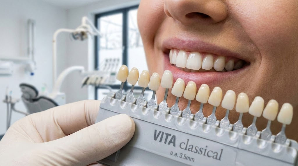 A smiling woman shows a dental shade guide next to her teeth in a dental office setting.