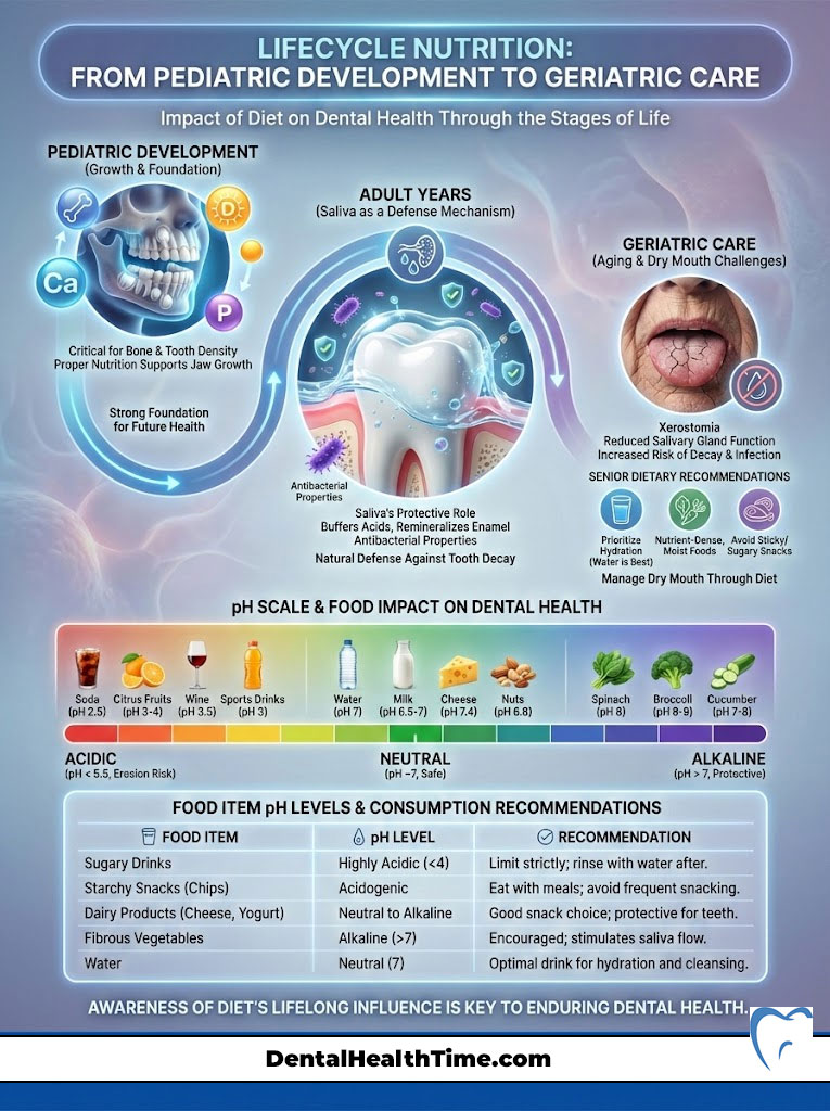 Infographic illustrating lifecycle nutrition's impact on dental health across ages, featuring pH scale and dietary recommendations.