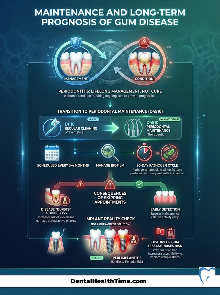 Infographic showing gum disease management, including statistics, treatment steps, and consequences of skipping appointments.