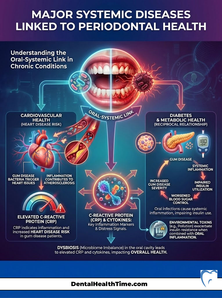 Infographic showing the link between periodontal health and systemic diseases like diabetes and cardiovascular health.