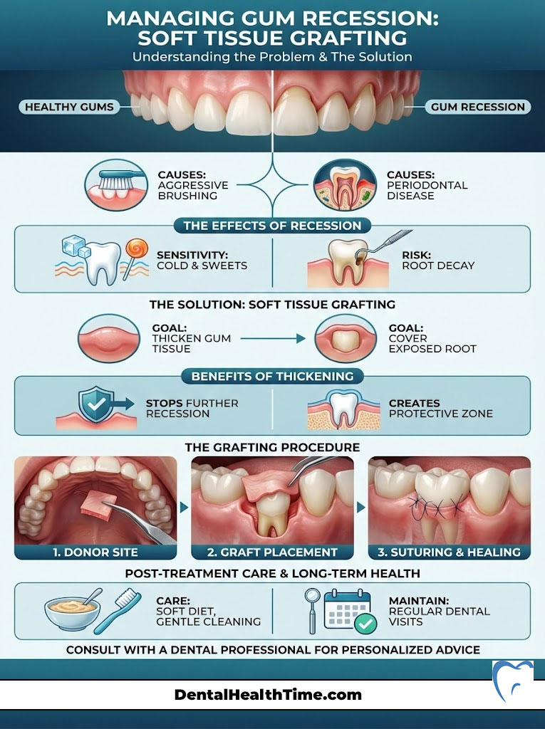 Infographic explaining gum recession causes, effects, and soft tissue grafting procedure with illustrations and icons.
