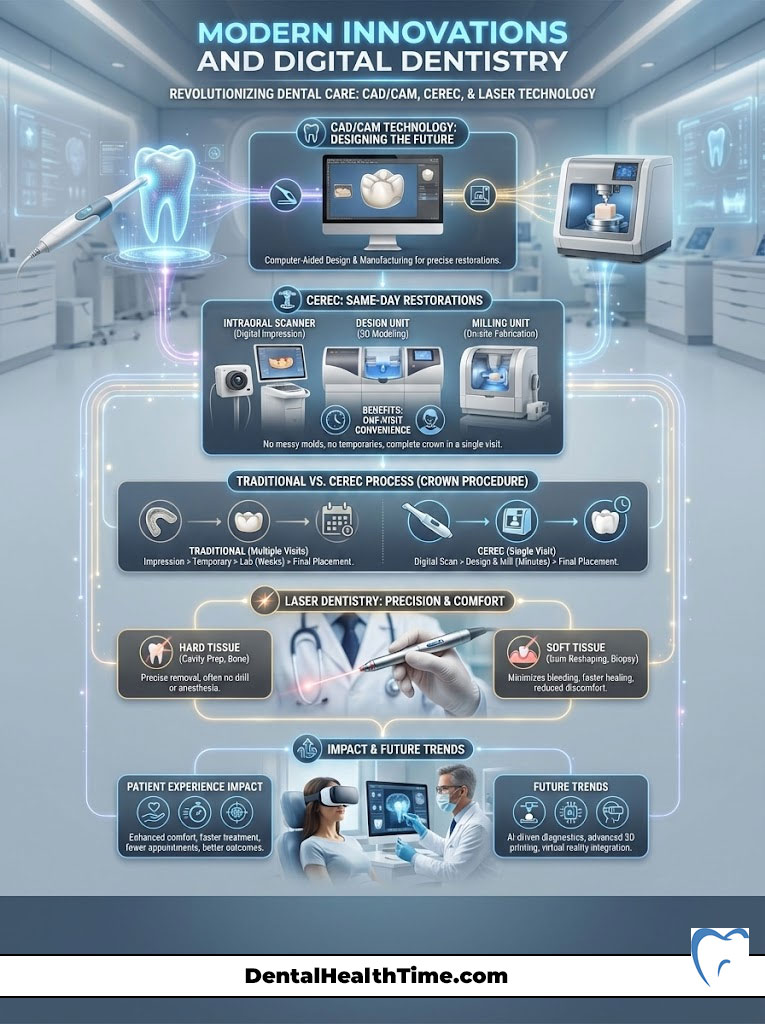 Infographic showing modern innovations in digital dentistry, including CAD/CAM technology, CEREC restorations, and laser dentistry.