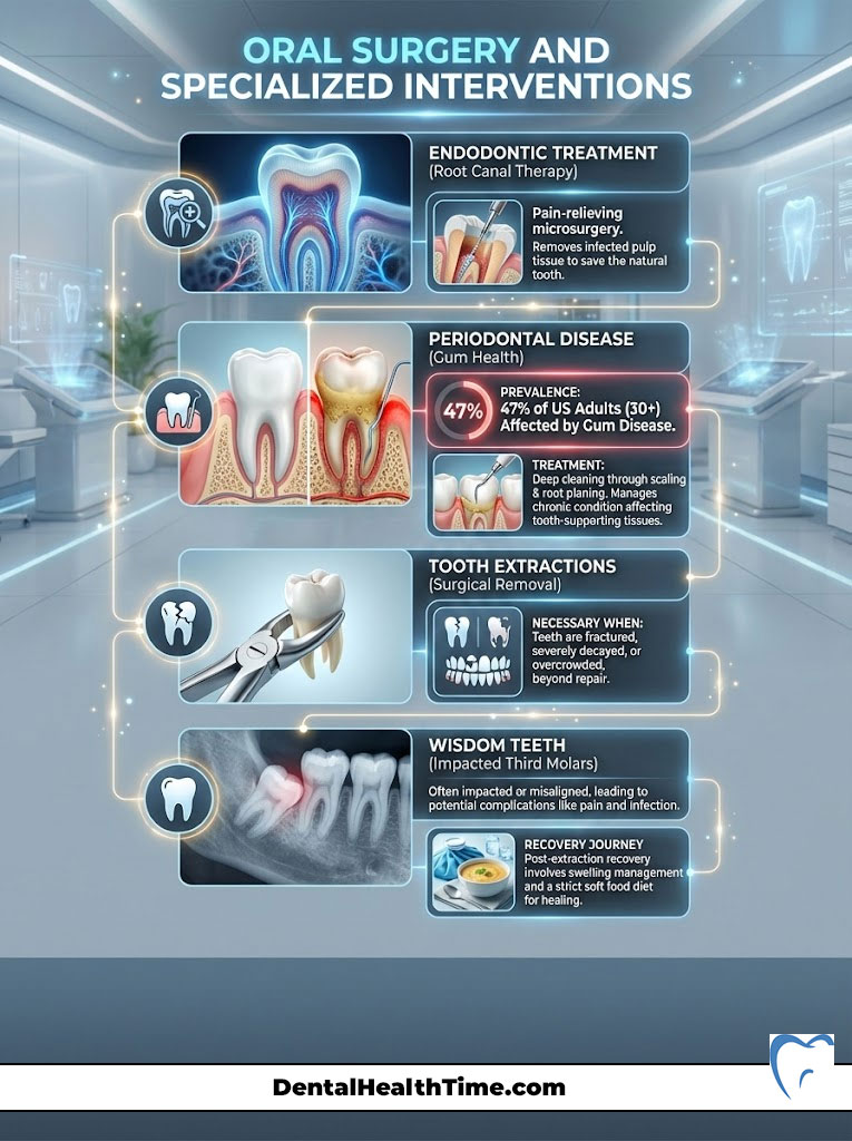 Infographic on oral surgery detailing endodontic treatment, periodontal disease, tooth extractions, and wisdom teeth care.