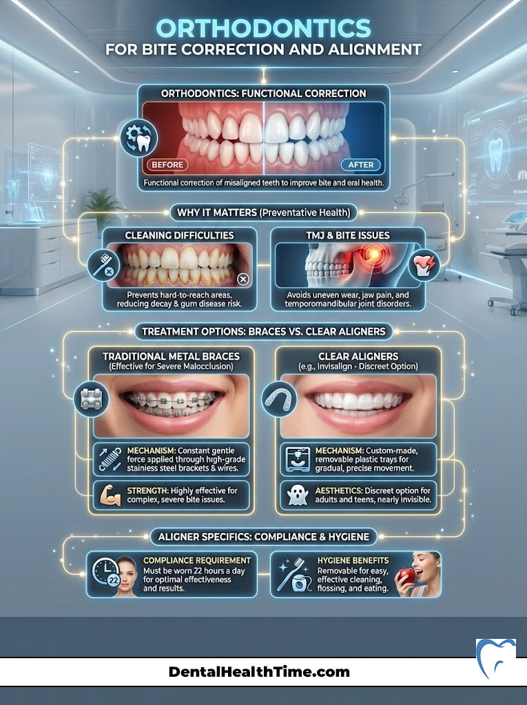 Infographic showing orthodontics for bite correction with before and after images, treatment options, and compliance details.