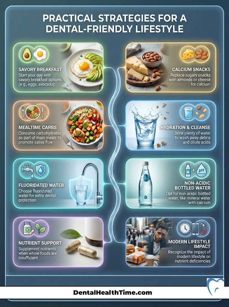 Infographic showing dental-friendly lifestyle strategies with icons for breakfast, hydration, and nutrient support.