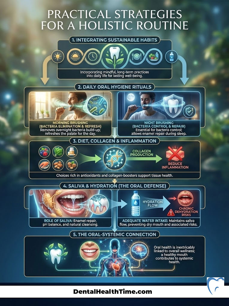 Infographic detailing practical strategies for a holistic routine in oral health, including daily rituals and diet tips.