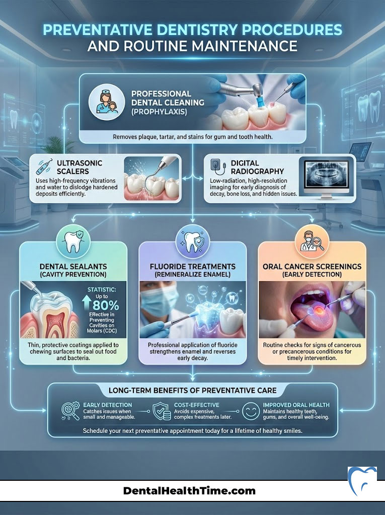 Infographic detailing preventative dentistry procedures including dental cleaning, sealants, and cancer screenings.