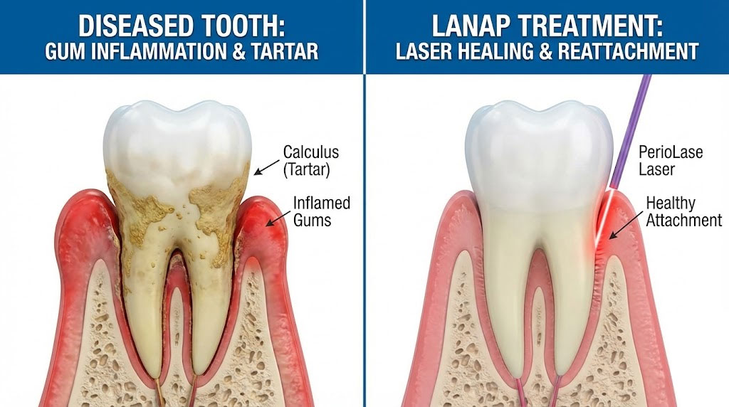 Illustration comparing diseased tooth with gum inflammation and LANAP treatment showing healthy attachment.