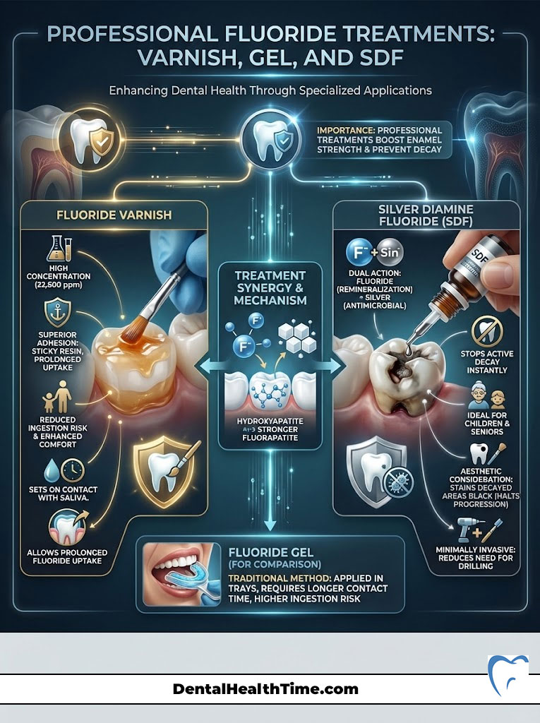 Infographic detailing professional fluoride treatments: varnish, gel, and SDF with benefits and mechanisms.