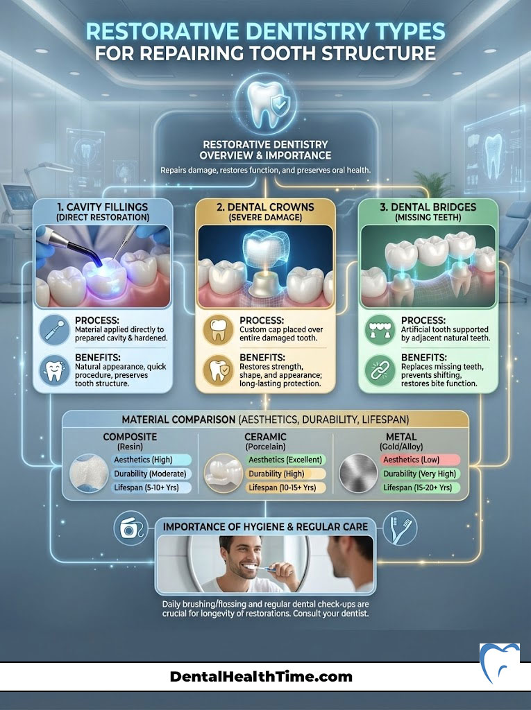 Infographic showing restorative dentistry types: cavity fillings, dental crowns, and dental bridges with processes and benefits.