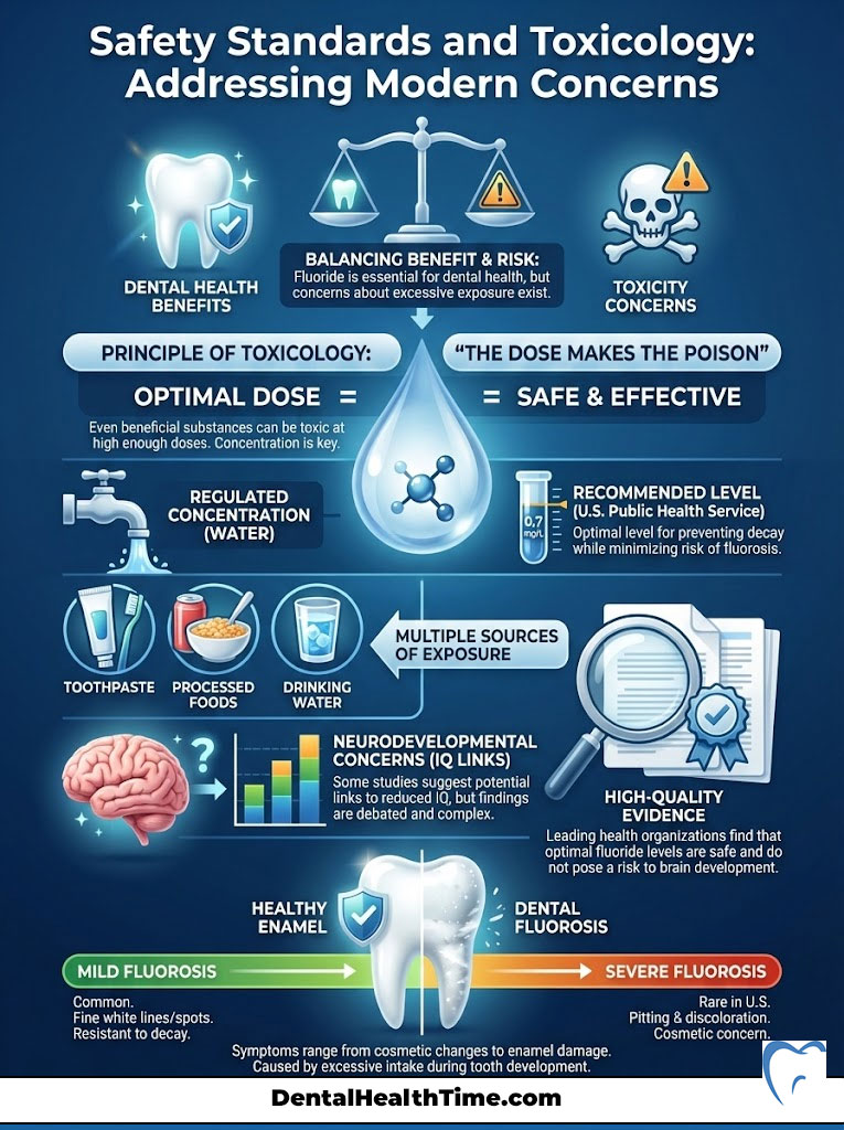 Infographic explaining safety standards and toxicology concerns related to fluoride exposure in dental health.