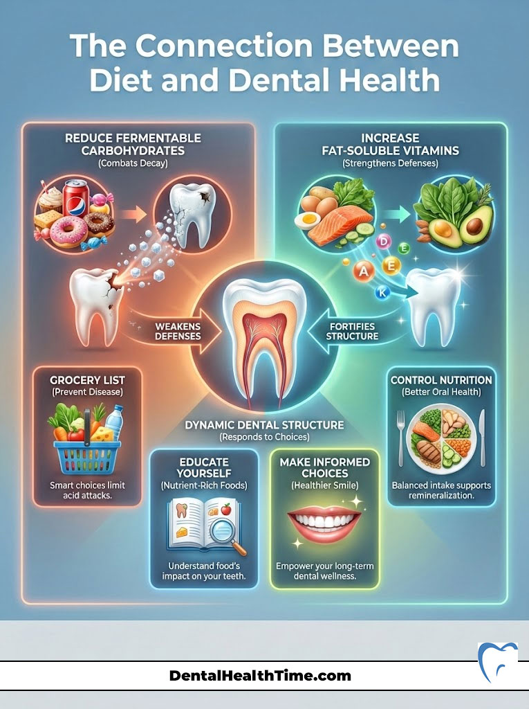 Infographic showing the connection between diet and dental health with tips on nutrition and dental care.