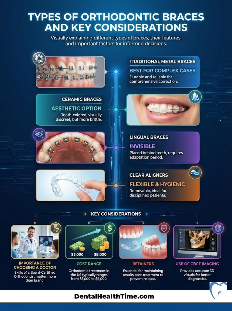 Infographic showing types of orthodontic braces, features, and key considerations with images and text descriptions.