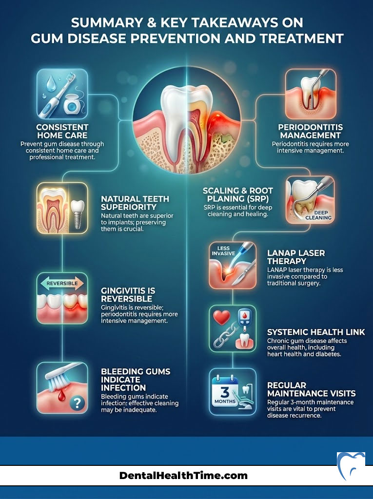 Infographic summarizing gum disease prevention and treatment with icons, text, and illustrations on dental care.