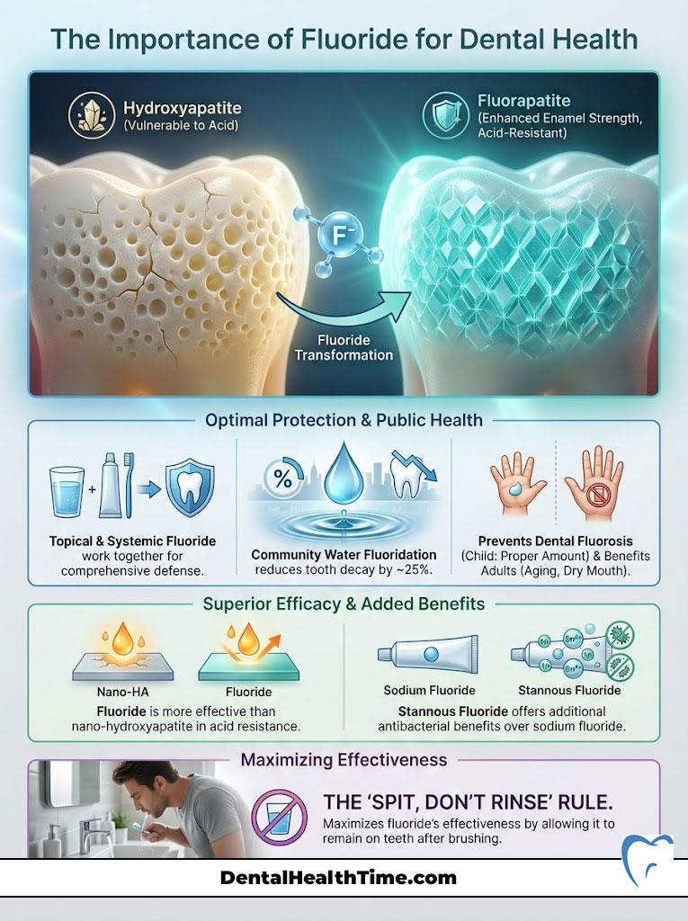 Infographic showing the importance of fluoride for dental health, including benefits, types, and usage guidelines.