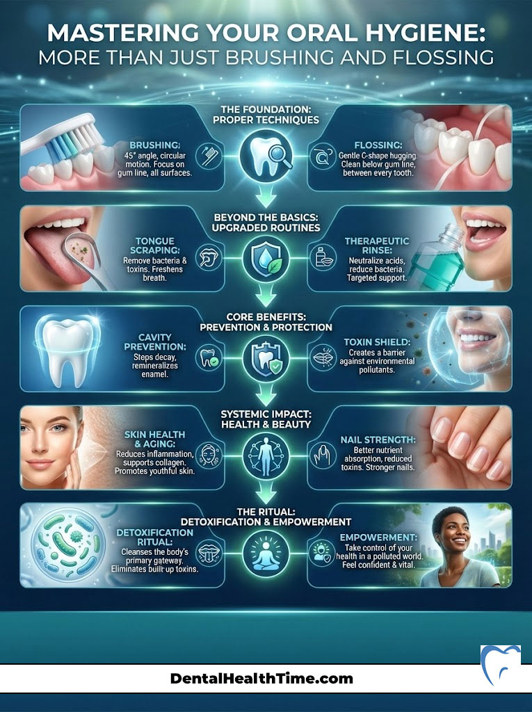 Infographic on oral hygiene techniques, including brushing, flossing, and tongue scraping, with benefits and visuals.
