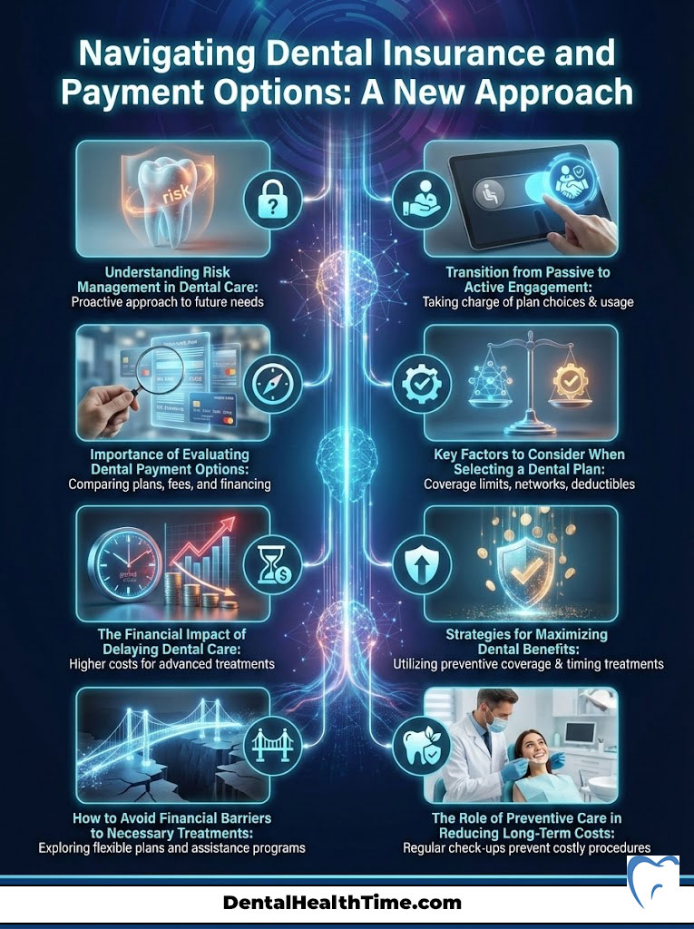 Infographic on dental insurance options with icons and key points about risk management, engagement, and preventive care.