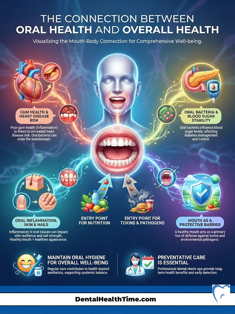 Infographic illustrating the connection between oral health and overall health, featuring various health icons and text.