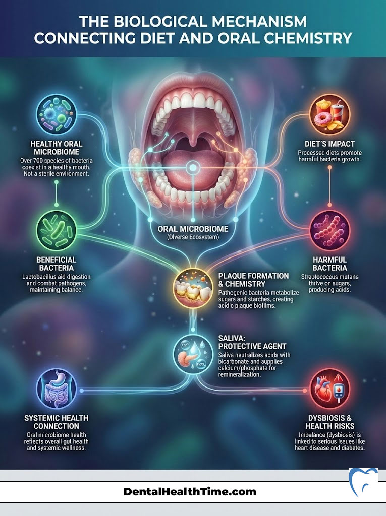 Infographic illustrating the connection between diet and oral chemistry with labeled sections on bacteria and health impacts.