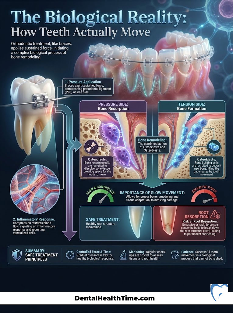 Infographic explaining how teeth move through bone remodeling, showing pressure application and biological processes.