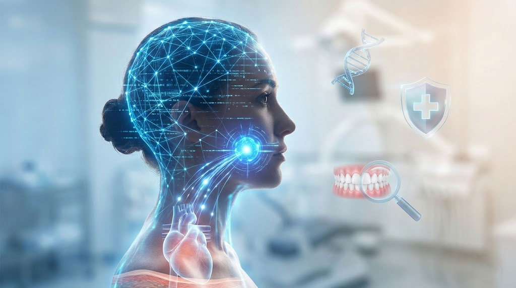 A woman’s profile with digital health icons, including DNA, a shield, and teeth, in a clinical setting.