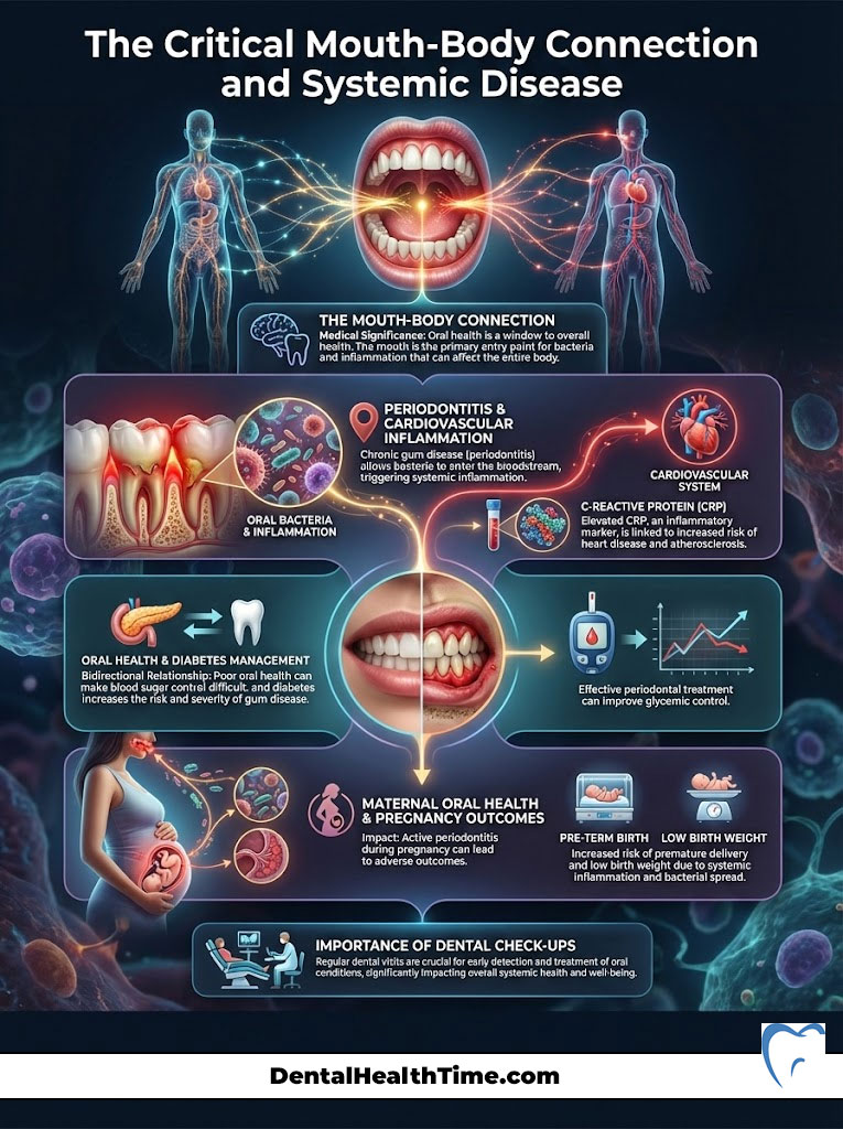 Infographic illustrating the mouth-body connection, highlighting systemic diseases and oral health impacts with visuals and data.