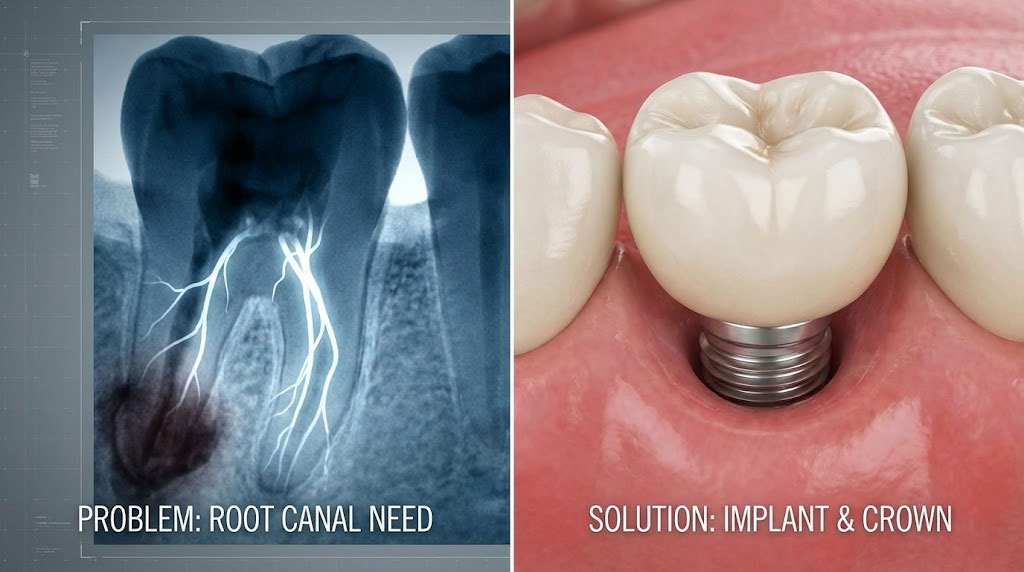 X-ray shows tooth with root canal need and implant solution with crown on gum line. Infographic.