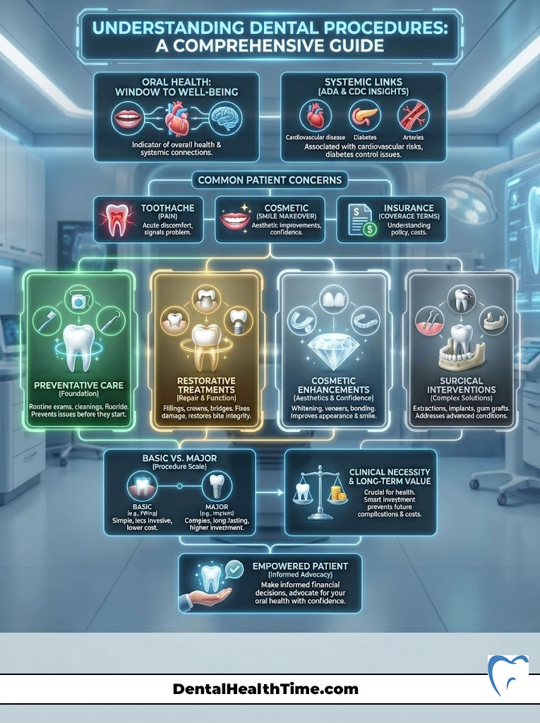 Infographic detailing dental procedures, patient concerns, and oral health connections with icons and charts.